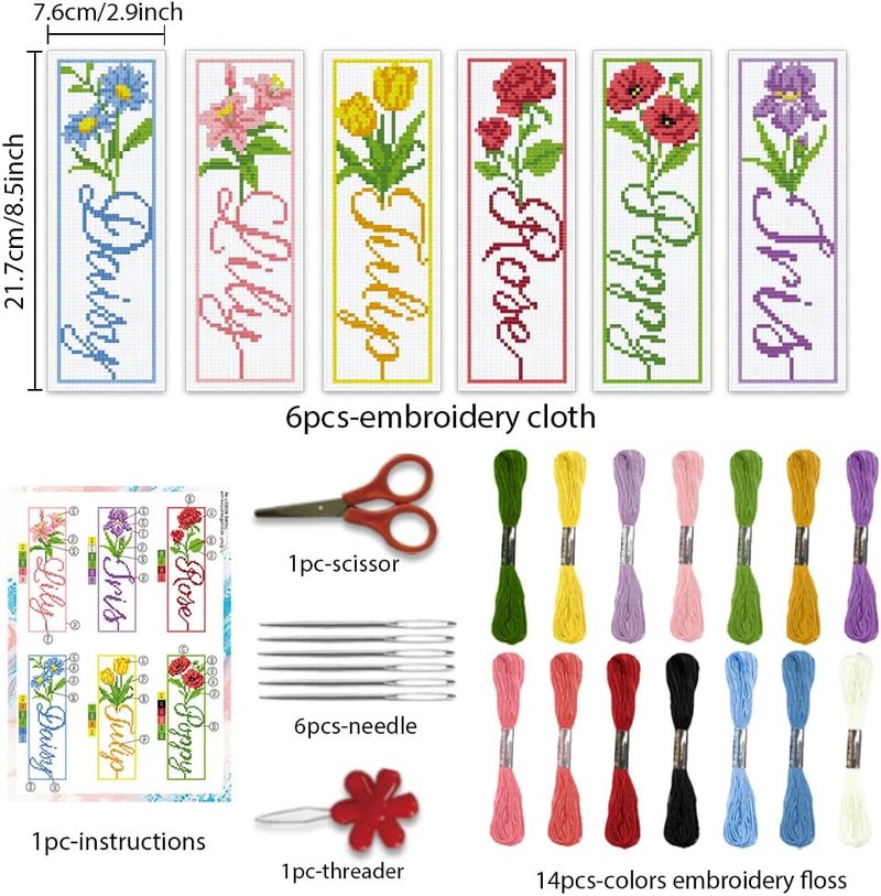 BEUNITONE 6 PCS Cross Stitch Bookmark Kit for Adults Beginners,Text and Flowers Pre-Printed Cross Stitch,DIY Stamped Embroidery Bookmark Kits,with Instructions,Craft Kit for Book Lovers 8.5''x3'' - Image 2